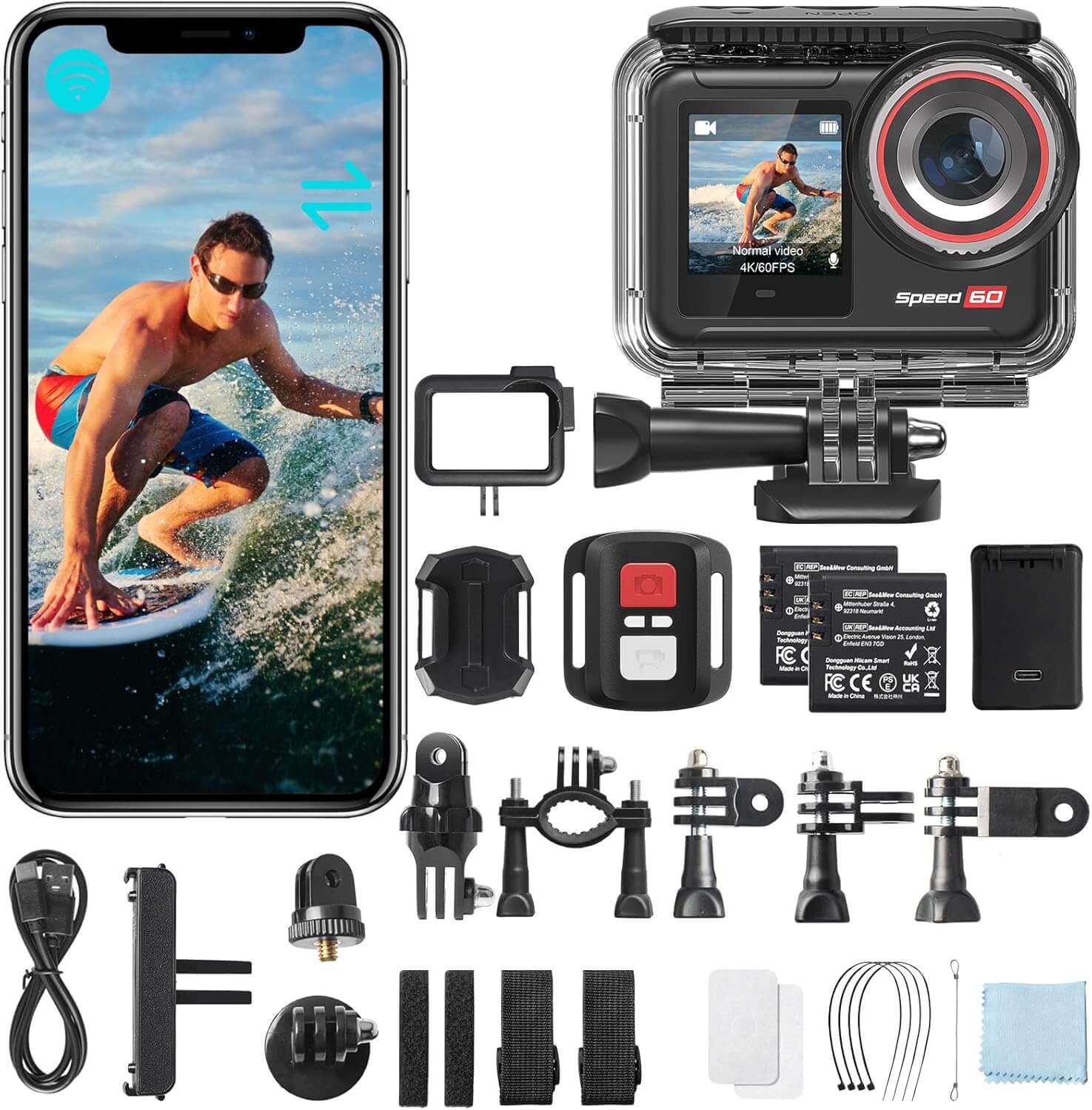 Action Camera Speed 60 4K60FPS 48MP WiFi with 2.35" HDR Touch Screen EIS 8X Zoom Remote Control,Bare Machine Waterproof 33FT with Waterproof Case 131FT, 2x2150mAh Battery, 30 Burst Vlog Camera