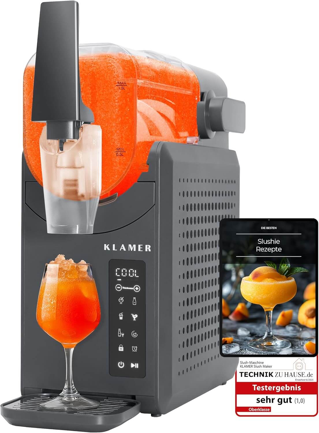 KLAMER Slush Machine with 5 Smart Programmes: Slushie, Cocktail, Milkshake, Frappé, Wine, Automatic Cleaning, 2L Capacity, Turbo Freeze, No Ice Required, with Digital Recipe Book