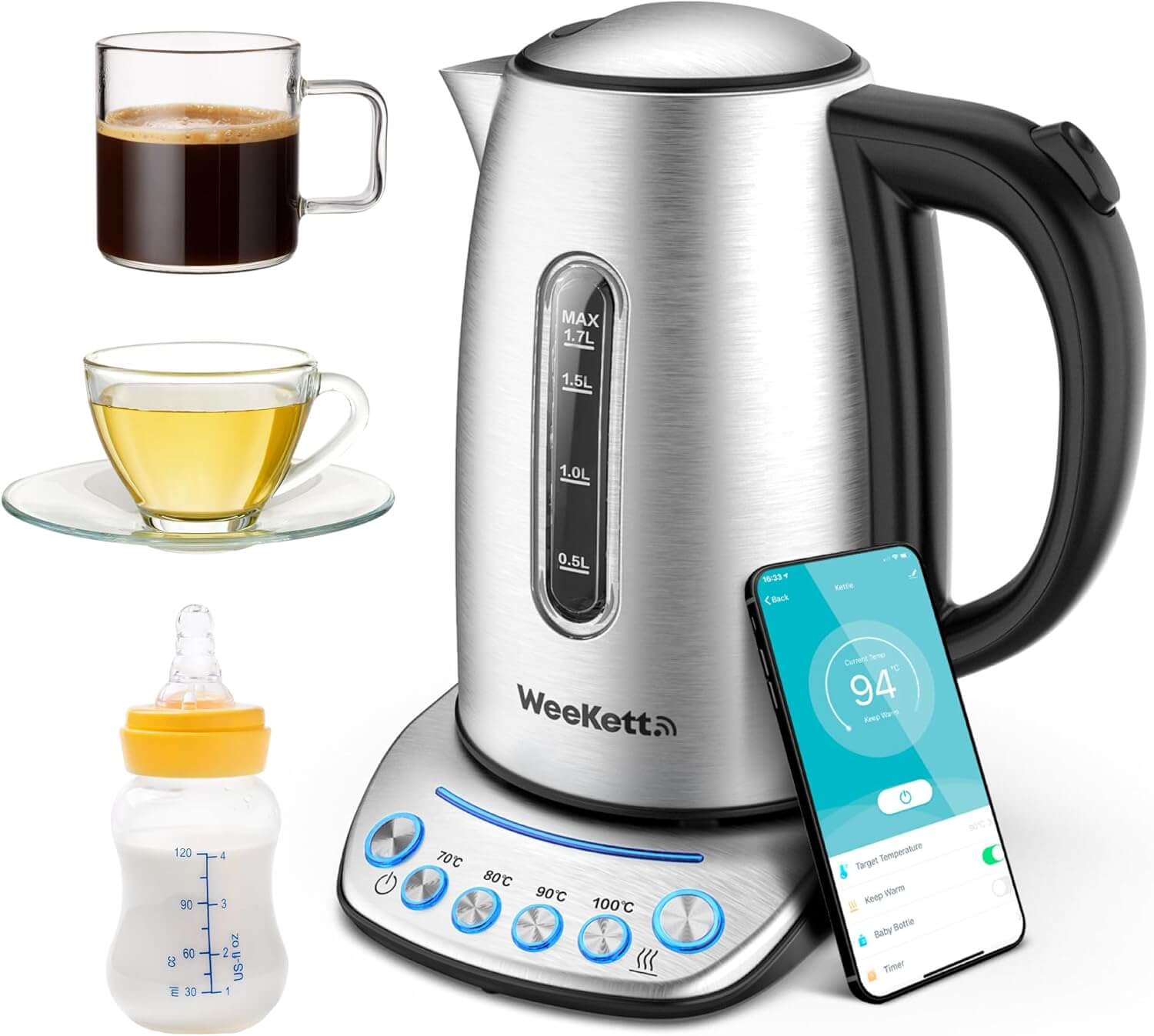 WeeKett Smart Kettle, 1.7L - Smart Home Voice Control Kettle - Stainless Steel Kettle with Variable Temperature Control & Keep Warm Function - Energy Efficient Kettle - BPA Free Alexa Kettle