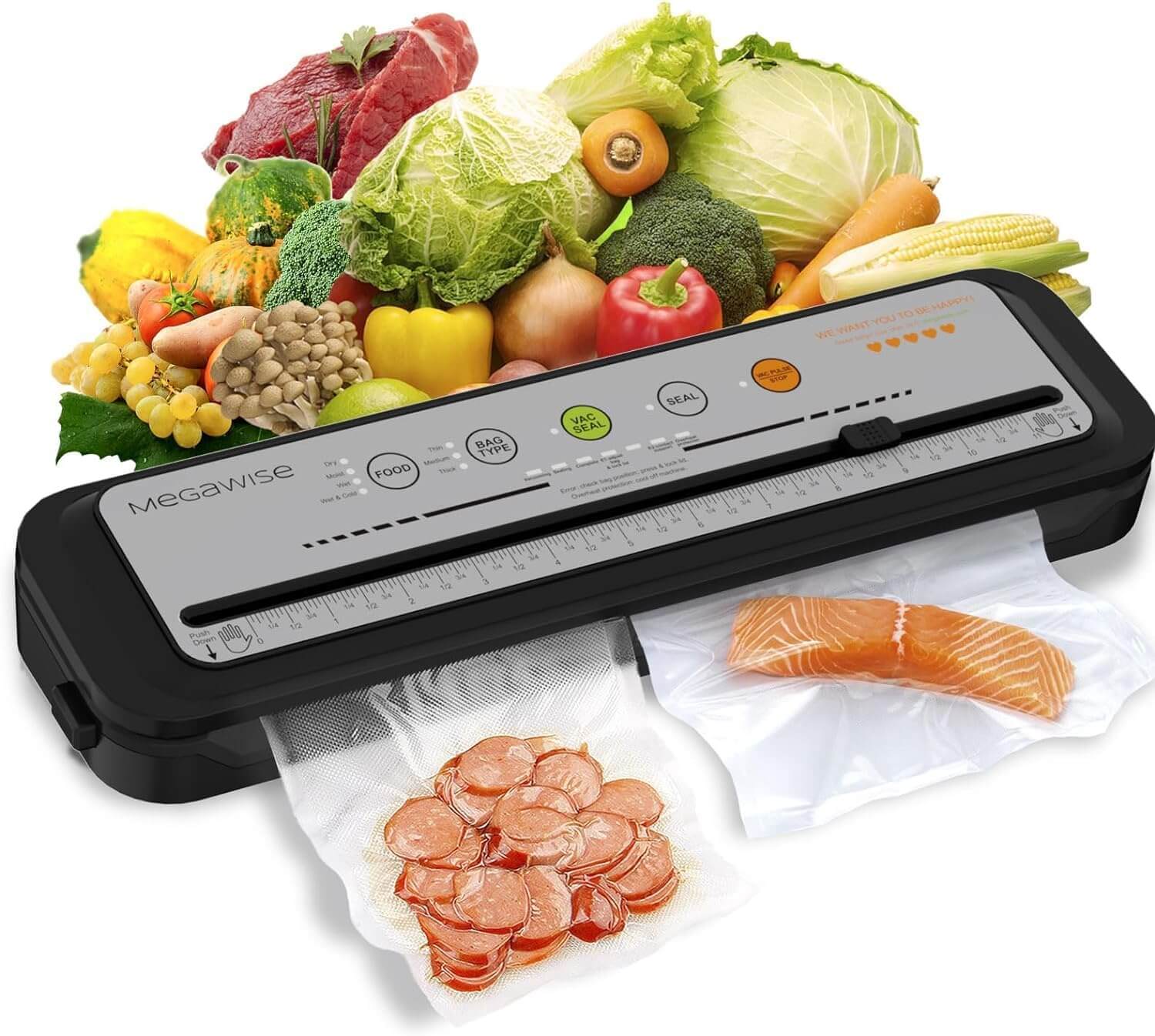 MEGAWISE 2025 Powerful Vacuum Sealer Machine | Compact Design | One-Touch Automatic | Seal in 10-20 Seconds | Dry, Moist, Wet, and Cold Modes | With 10 Vacuum Bags & Built-in Cutter