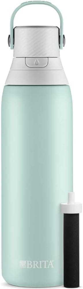 Brita Stainless Steel Premium Filtering Water Bottle, BPA-Free, Reusable, Insulated, Replaces 300 Plastic Water Bottles, Filter Lasts 2 Months or 40 Gallons, Includes 1 Filter, Glacier - 20 oz