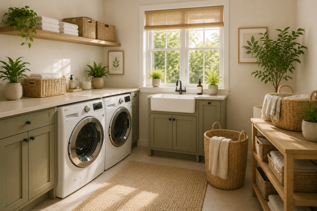 Organised laundry room with green cabinetry, woven baskets and natural light