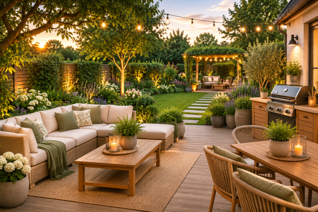 Welcoming garden terrace with wooden furniture, leafy planting and warm evening lights
