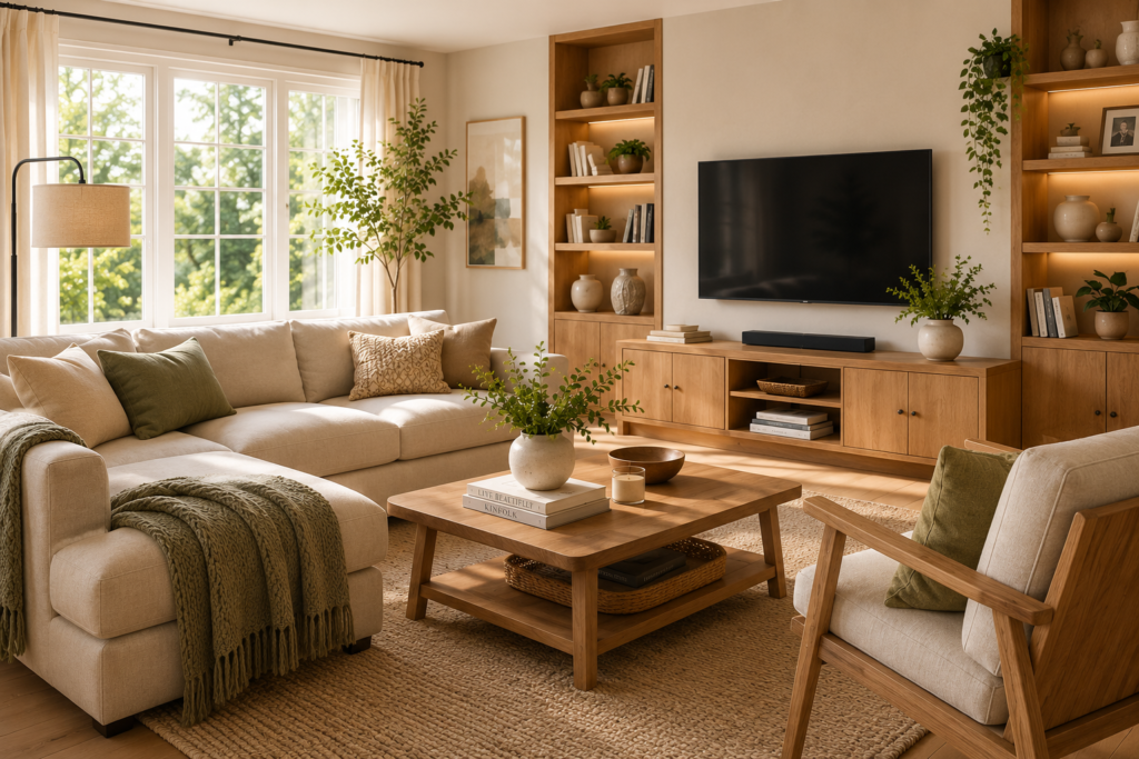 Warm living room with a cream sofa, natural wood furniture and soft green accents