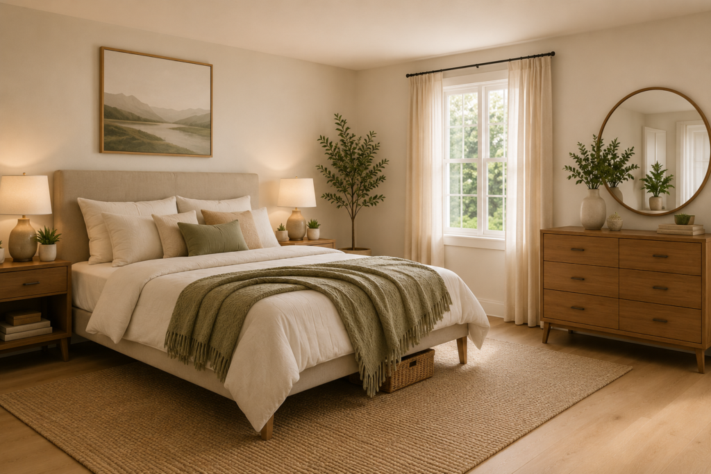 Calm neutral bedroom with layered bedding, wooden furniture and soft natural light