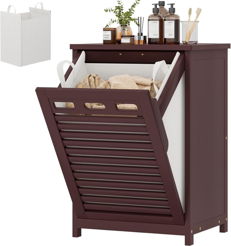 Bamboo tilt-out laundry hamper cabinet for laundry room