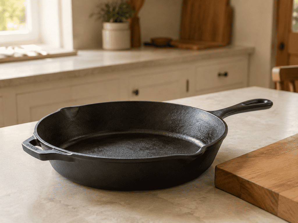 lack cast-iron skillet on a pale stone kitchen counter beside a wooden cutting board
