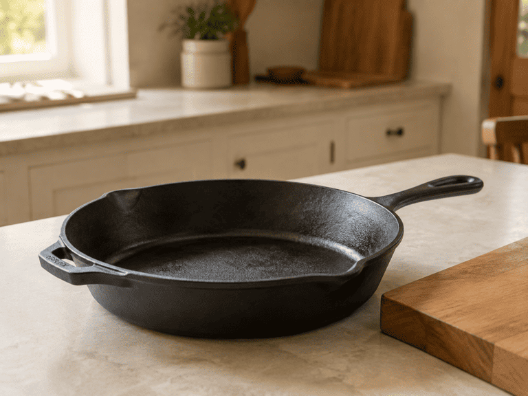 lack cast-iron skillet on a pale stone kitchen counter beside a wooden cutting board