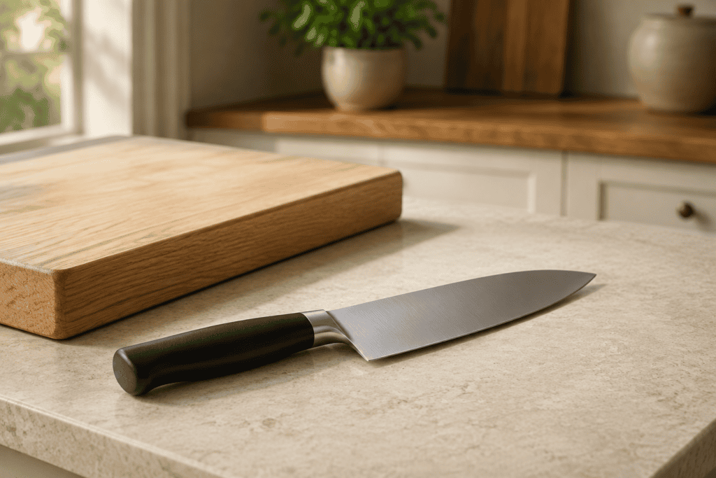 Unbranded chef’s knife with a matte black handle on a pale stone kitchen counter beside an oak cutting board