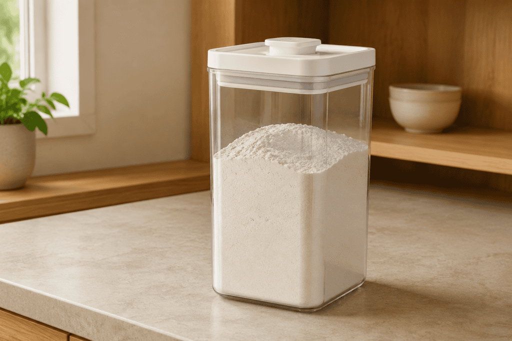 Clear square pantry container filled with flour on a pale stone kitchen counter in warm natural light