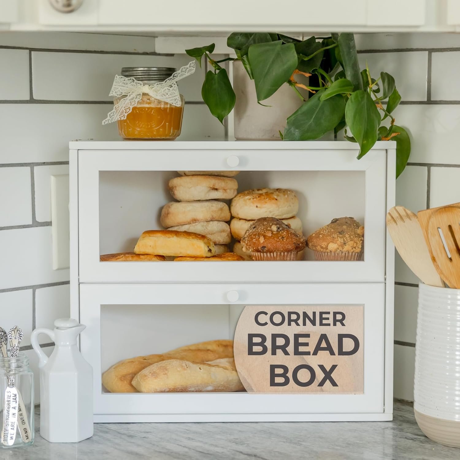 White corner bread box for kitchen countertop