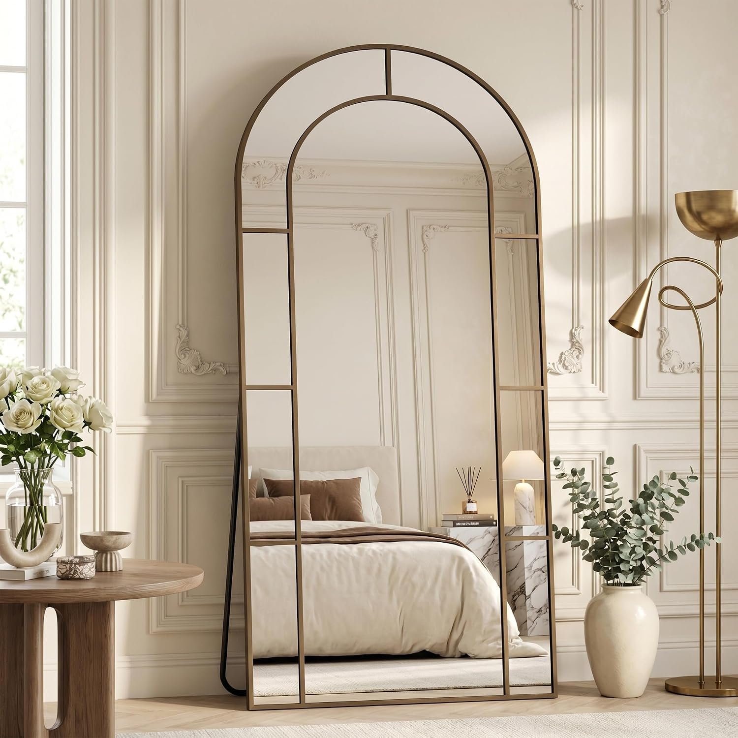 Arched bronze full-length bedroom mirror with windowpane frame