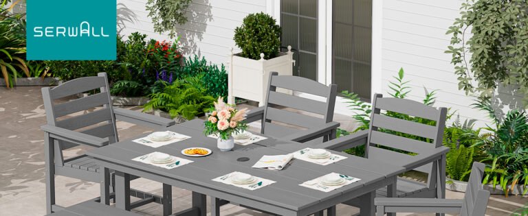 Grey six-piece outdoor dining set with table, bench and four chairs