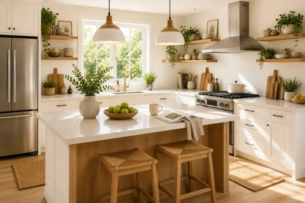 Bright kitchen with wooden accents, open shelving and a large preparation island