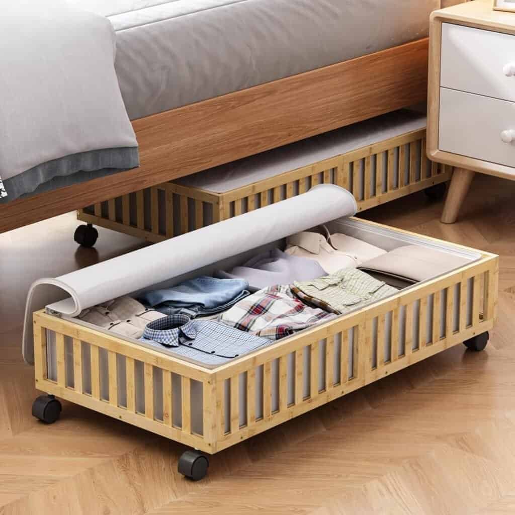 Bamboo under-bed storage containers with wheels for bedroom