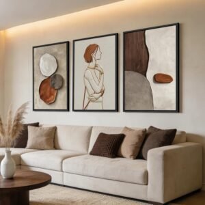 Three-Piece Framed Wall Art for a Warm Living Room