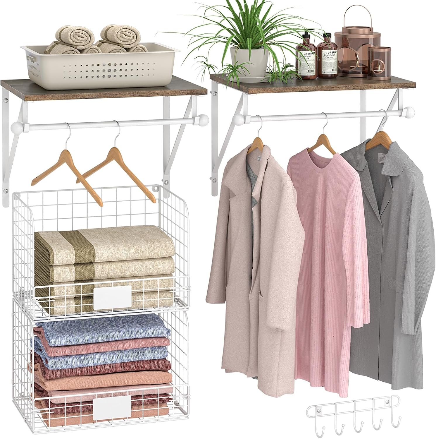 Wall-mounted laundry room shelves with hanging rails and storage baskets