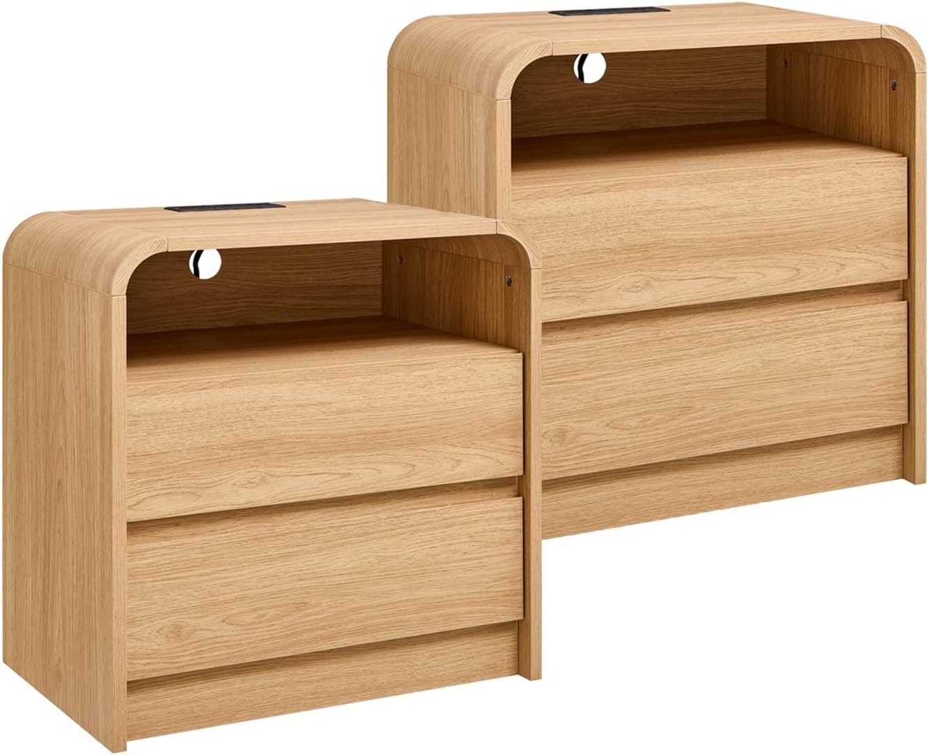 Natural oak bedside nightstands with drawers and open shelf