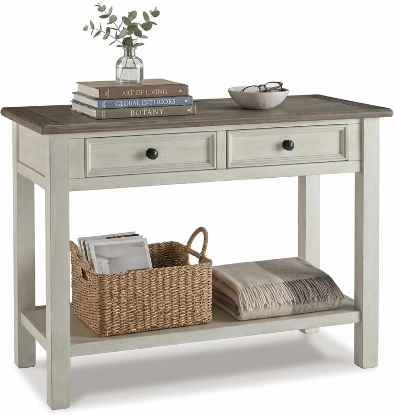 Cottage-style laundry room console table with drawers and lower shelf