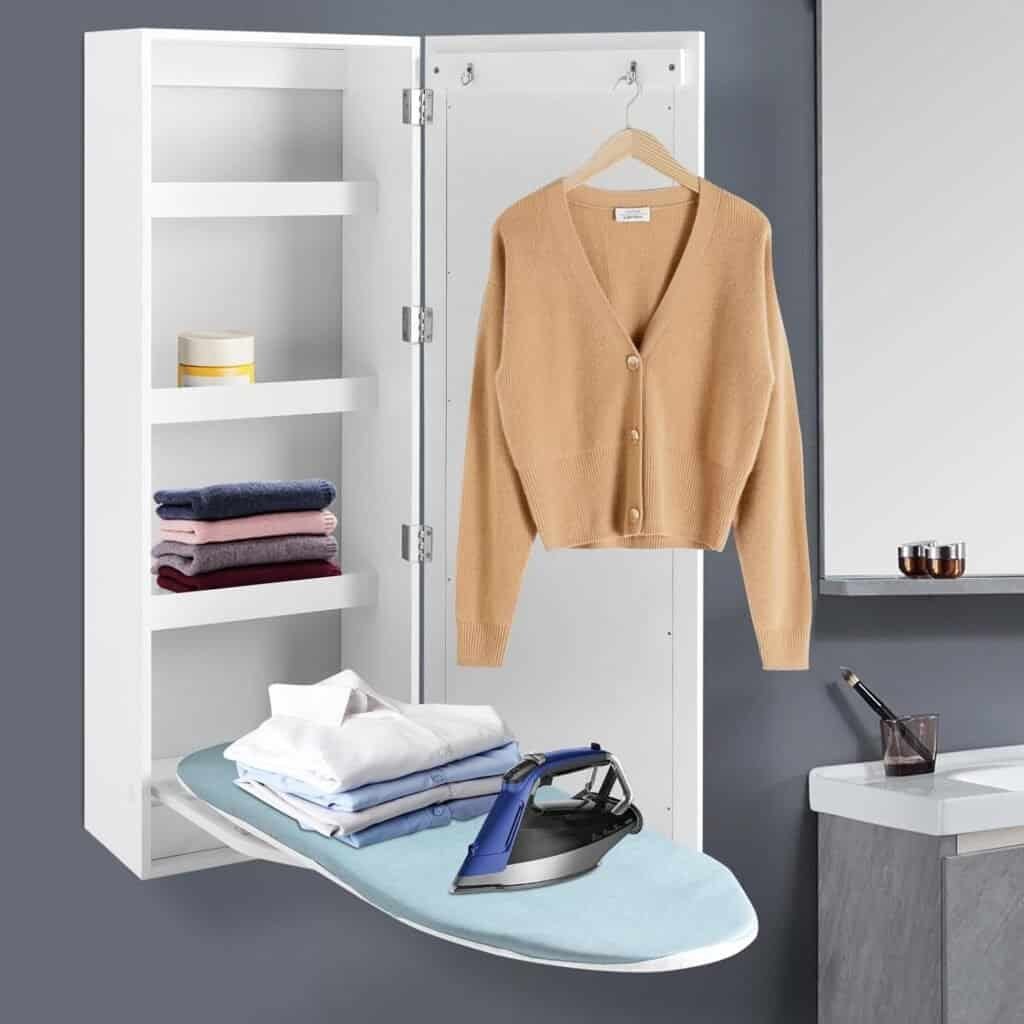 Wall-mounted ironing board cabinet for laundry room