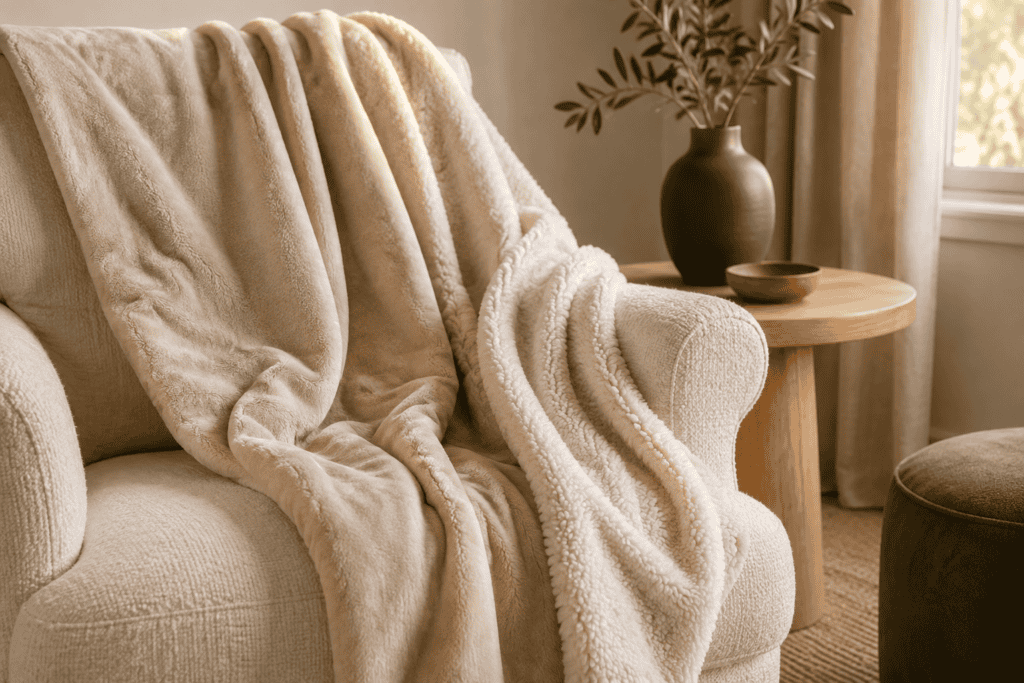 Cream sherpa throw blanket draped over a soft armchair in warm natural light