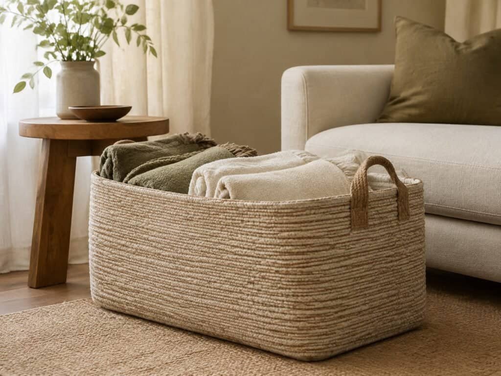 Large woven cotton-rope basket filled with cream and olive throws beside a sofa