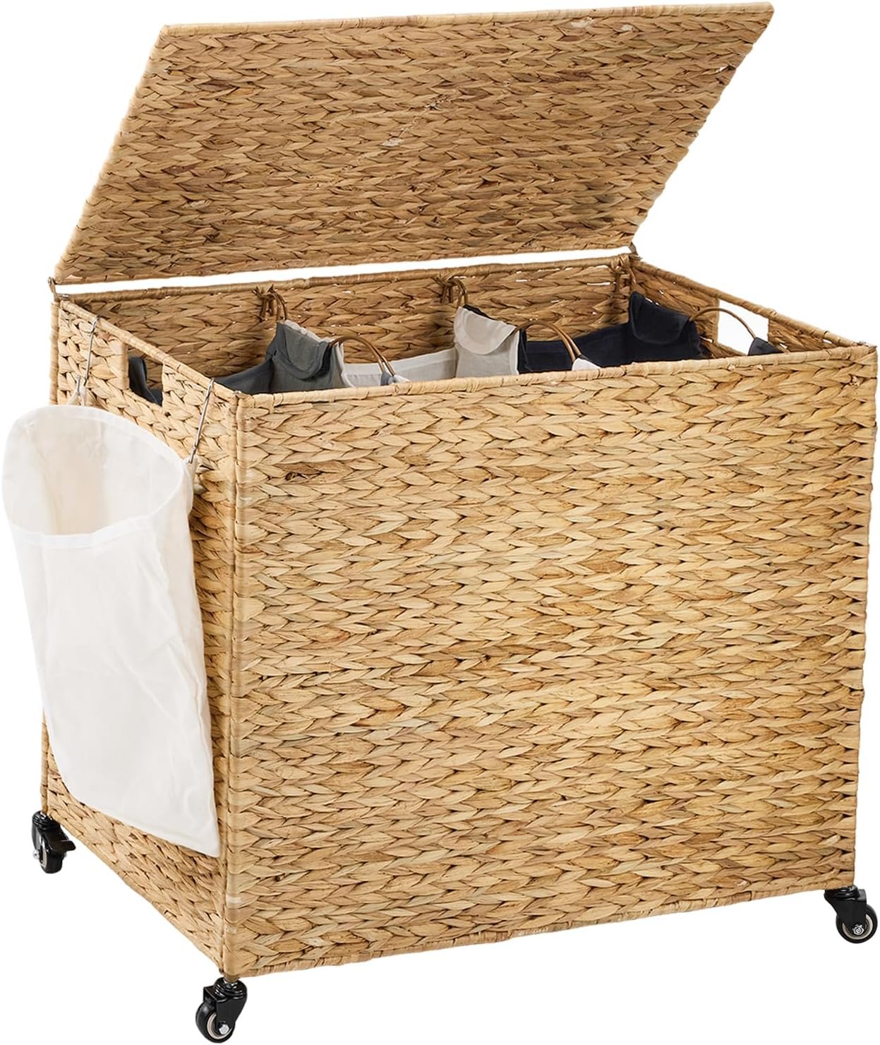 Water hyacinth 3-section laundry hamper with lid and wheels