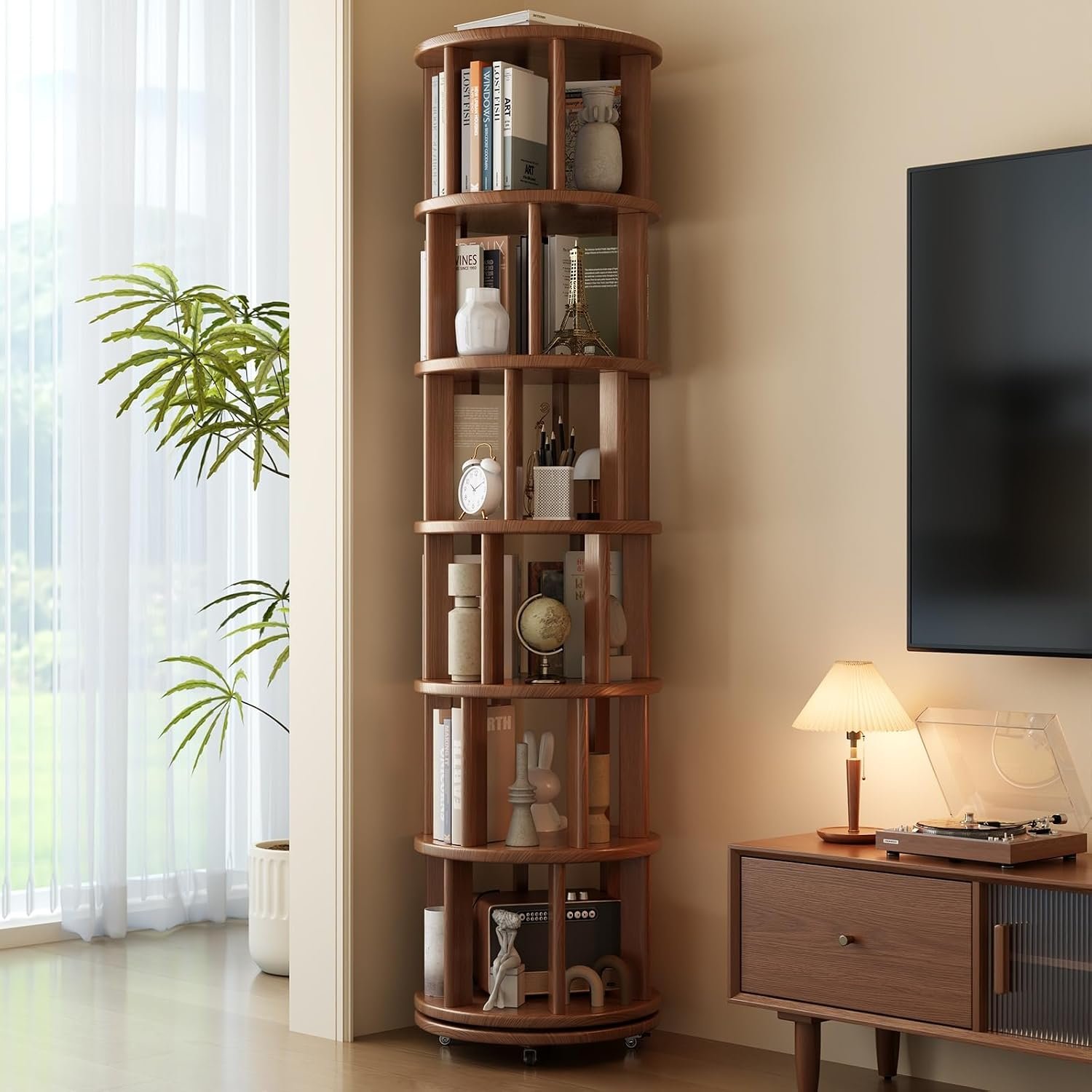 Muwuele 6-tier rotating bookshelf tower in walnut