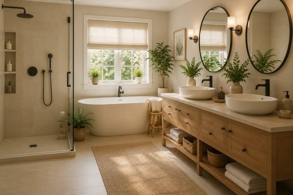 Calm bathroom with a wooden vanity, freestanding bath and soft neutral finishes