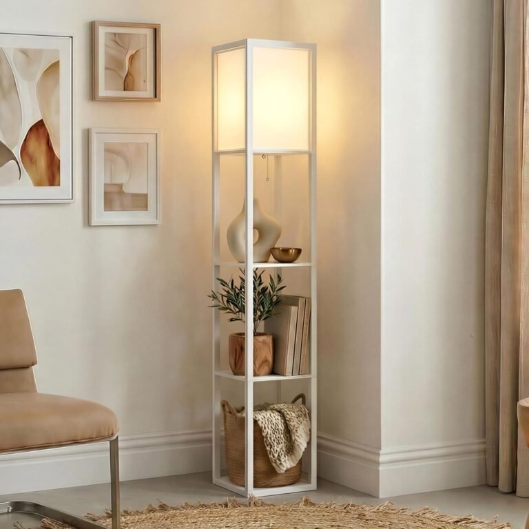 Brightech Maxwell shelf floor lamp in a modern living room