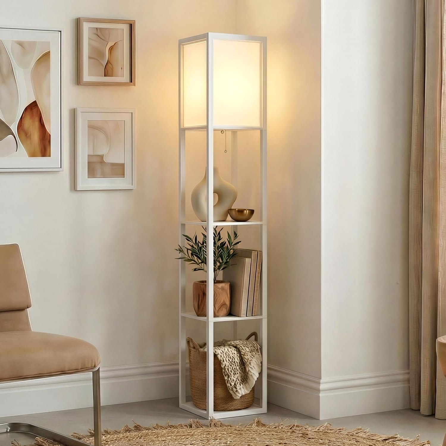 Brightech Maxwell shelf floor lamp in a modern living room