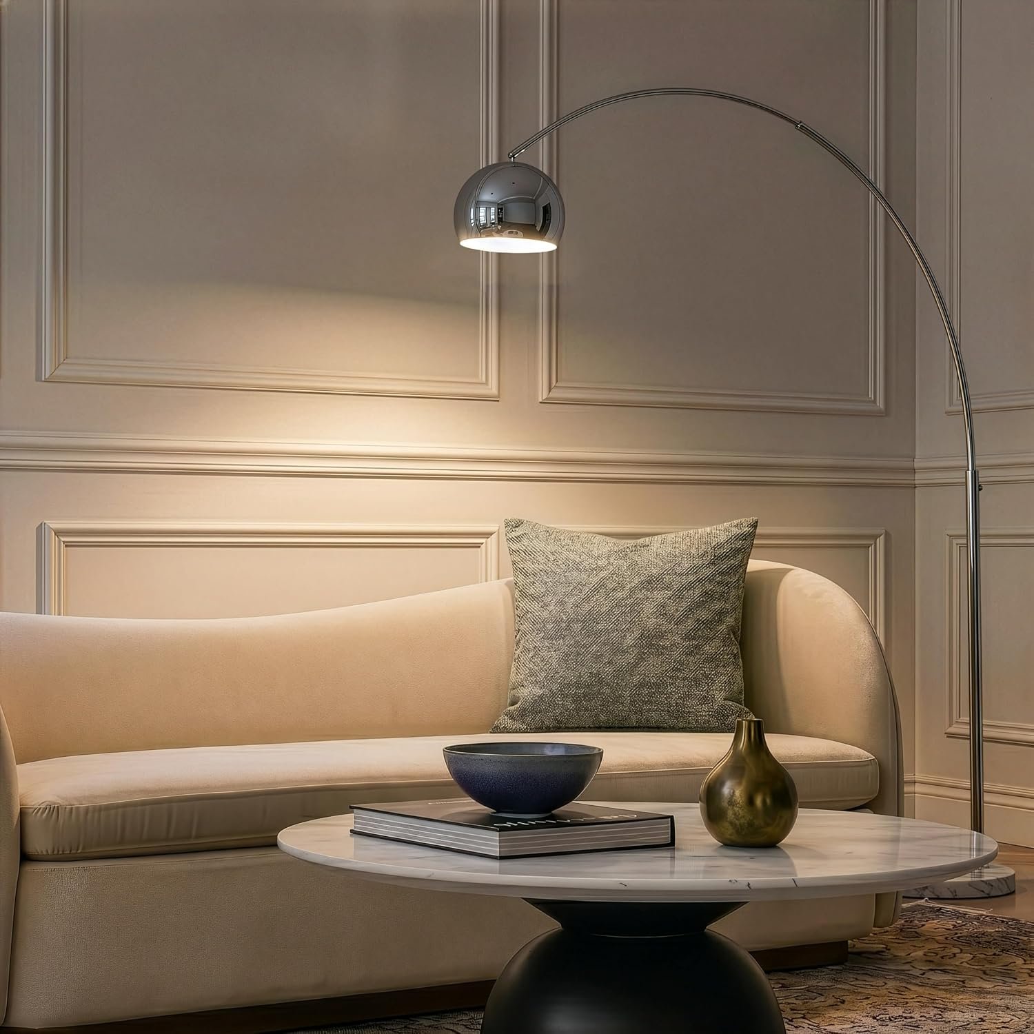Brightech Olivia chrome arc floor lamp with rounded metal shade and white marble base