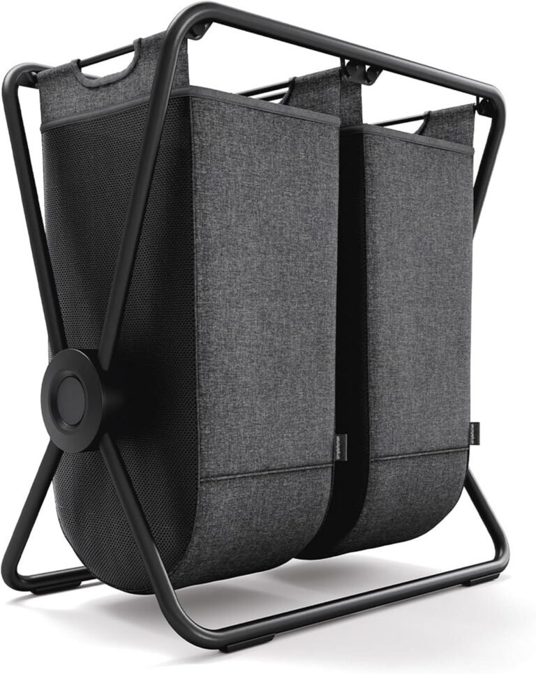 simplehuman Double X-Frame laundry hamper with matte black steel frame and two removable fabric laundry bags